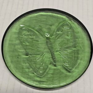 Vintage Green Glass Flat Round Embossed Butterfly Paperweight